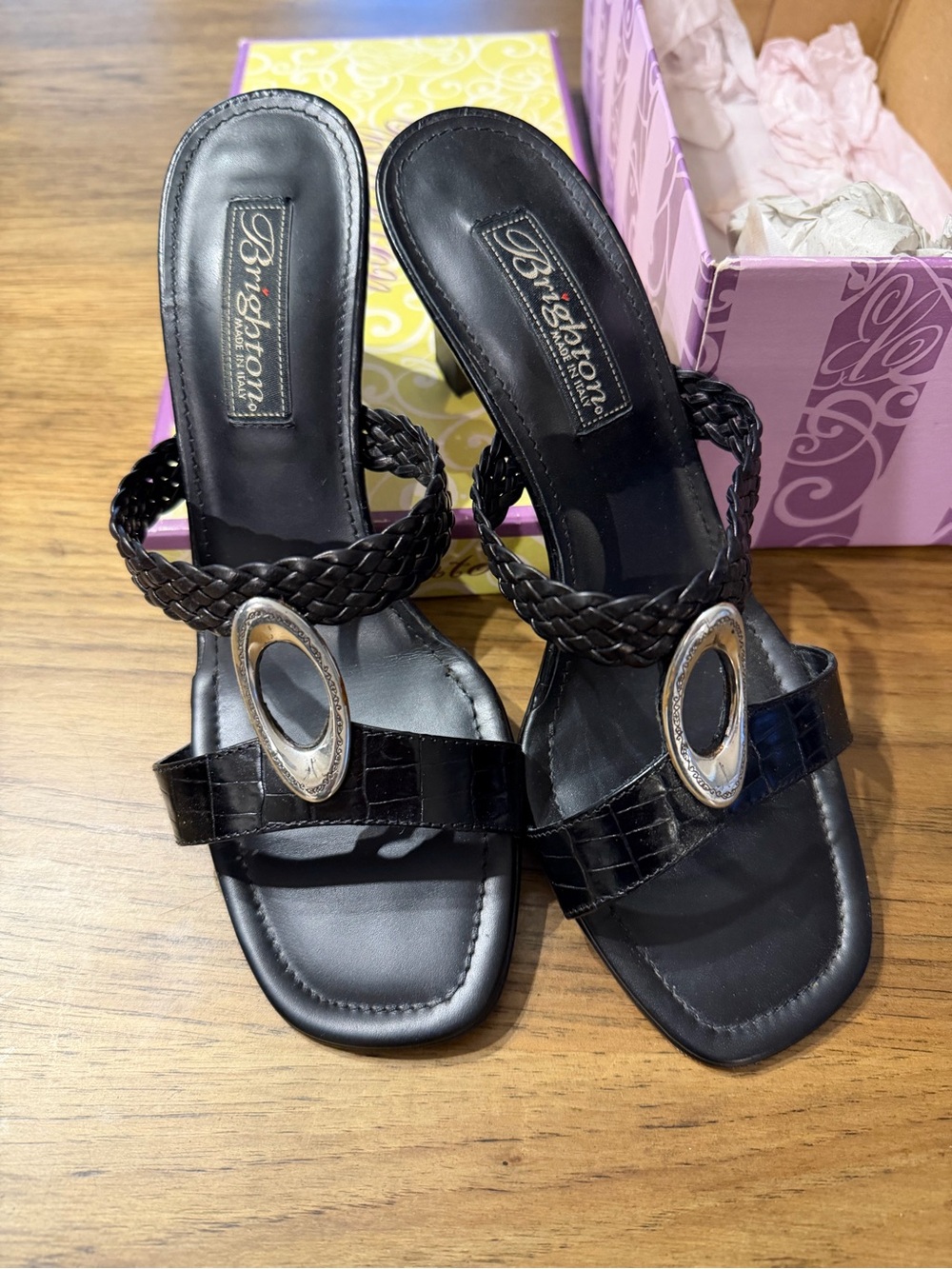 Rebeca Brighton Black Braided Leather Slide Heels with Oval Hardware
